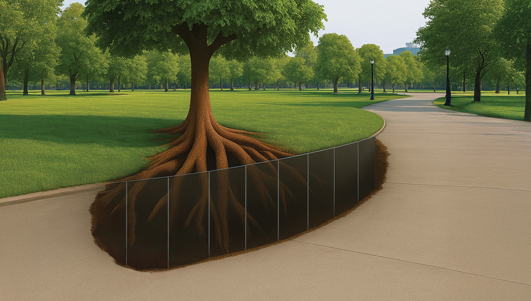 Park trees with a cutaway view of a root barrier system protecting sidewalks and urban infrastructure